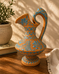 Vintage Lindos Keramik Asgourou Rodos Pitcher Vase Blue Terracotta Greece Rare