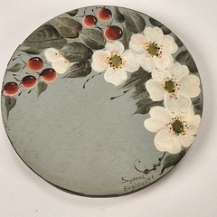 2 VTG Hand Painted Round Wood Lid Dogwood Berries Chickadee Bird Farmhouse Decor