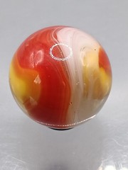 .75″ Akro Corkscrew Popeye Red, Yellow, White Shooter Marble- #CE137