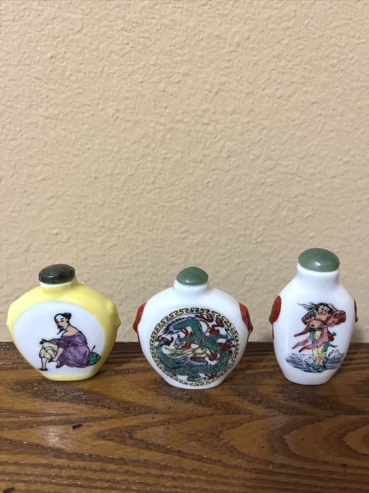 VTG Qianlong Sign Chinese Oriental Snuff 3 Perfume Bottle Enamel/Copper JADE CAP