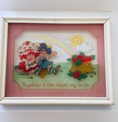 Set 4 Vintage Strawberry Shortcake Reverse Painted Glass Pictures 1980 ORIGINALS