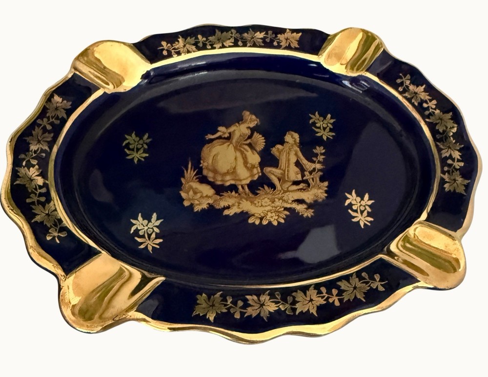Vintage Limoges France Cobalt Blue Gold Porcelain Ashtray Courting Trinket Dish