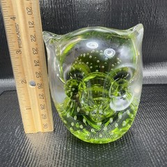 Hand Blown Venetian Art Glass Owl Bird Paperweight Figurine Green Bubbles Italy