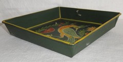 2 Vintage Toleware Metal Pans ~ Signed Folk Art ~ Hand Painted Pa Dutch Birds