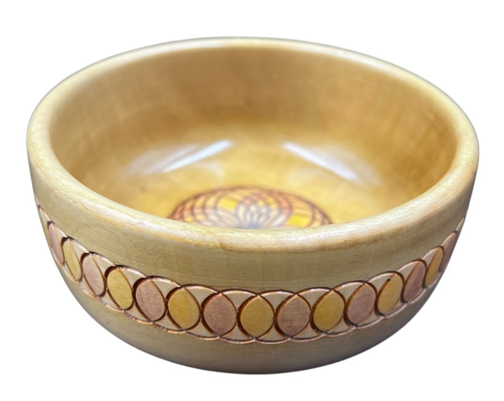 VTG Swiss Wood Bowl Hans Huggler-Wyss Brienz Switzerland Carved Folk Art Inlay