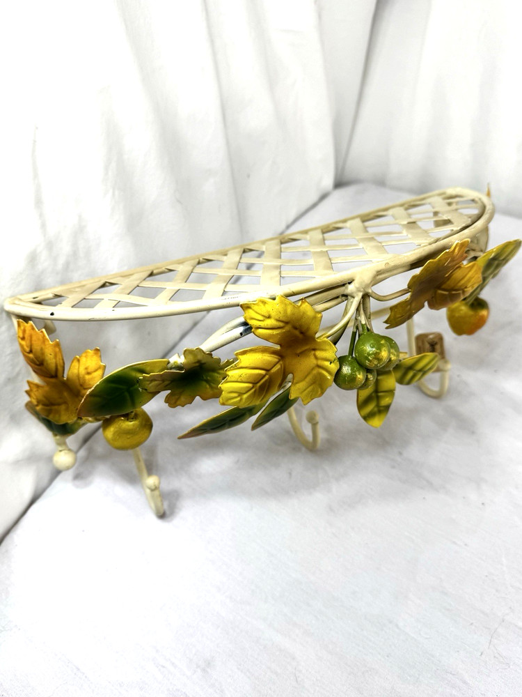 Vtg Decoline Tole Metal Fruit Leaves Shelf Hooks Rack Wall Shabby Cottage Tag FS