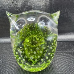 Hand Blown Venetian Art Glass Owl Bird Paperweight Figurine Green Bubbles Italy