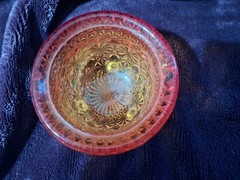 Vtg LE Smith Amberina Cadmium Glow 3″ Footed Daisy & Button Cauldron Dish Bowl