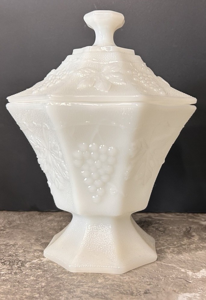 Vintage Milk Glass Anchor Hocking Grapes & Leaves Footed Candy Dish with Lid 8”