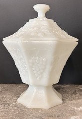 Vintage Milk Glass Anchor Hocking Grapes & Leaves Footed Candy Dish with Lid 8”