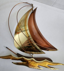 2 Unique Mid-Century Brass, Copper & Wood 8″ & 10.5″ Sailboat Wall Hangings
