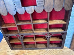 Vintage Wall Or Table Wooden House Shaped Shadowbox W/Red Backing 7 Items Total