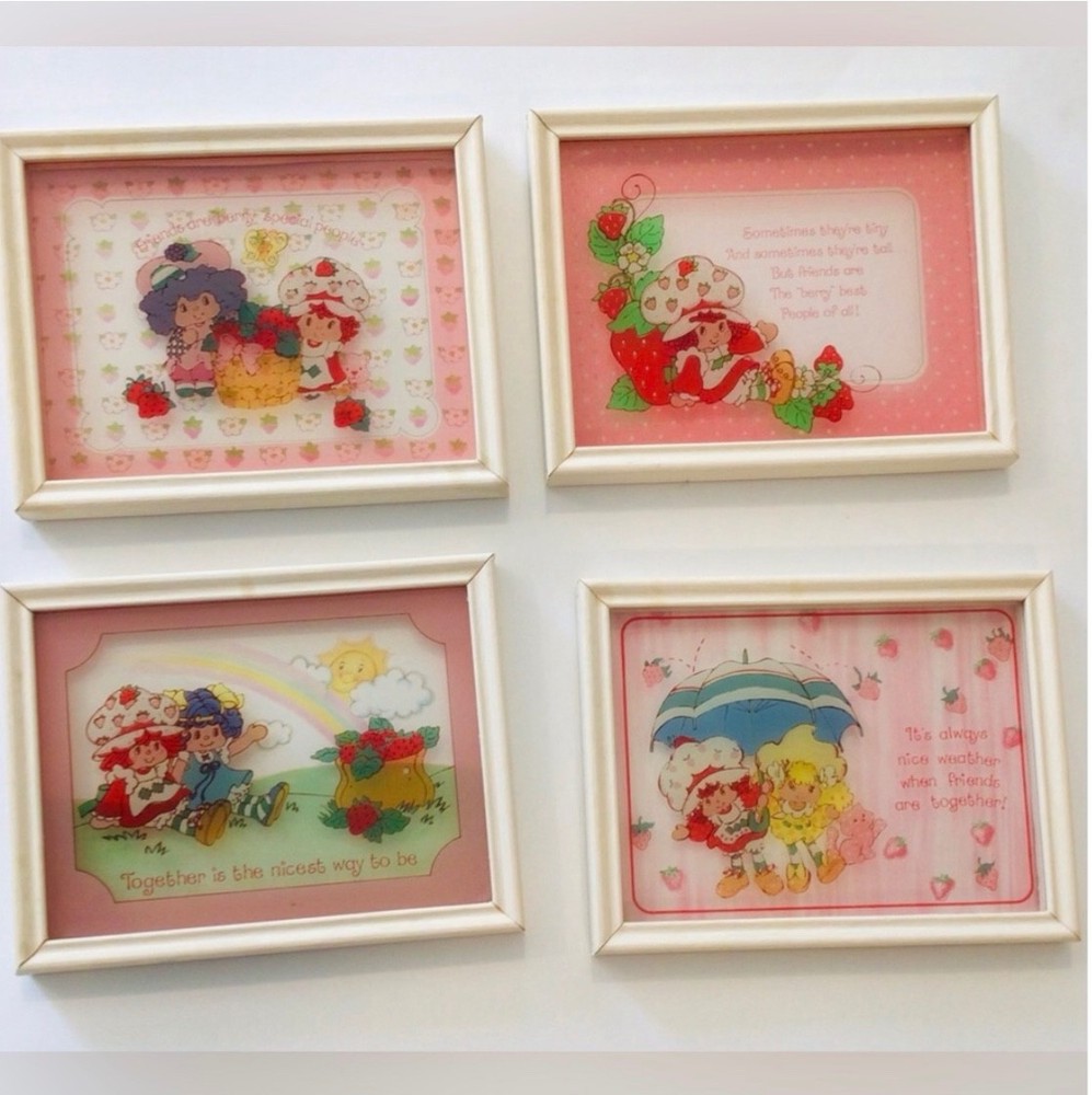 Set 4 Vintage Strawberry Shortcake Reverse Painted Glass Pictures 1980 ORIGINALS
