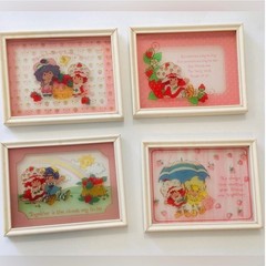Set 4 Vintage Strawberry Shortcake Reverse Painted Glass Pictures 1980 ORIGINALS