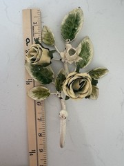 Vintage Toleware Metal Wall Hook W/Cream Roses & Green Leaves Cottagecore 7.5”