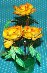 2 Unusual Vtg Enameled Metal Orange Flower Sculptures 6” Arrangement Resin Open