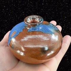 Vintage Hand Trown Art Pottery Bud Vase Signed Hand Made Ceramic Blue Red Drip