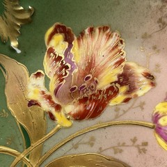 GDA Antique France Porcelain Limoges Hand Painted Tulips Green Gold Art Nouveau