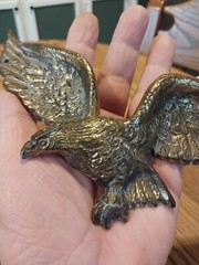 Eagle Wall Hanging Cast Metal Aluminum Gold Tone Antiqued Finish 9 inch Wingspan