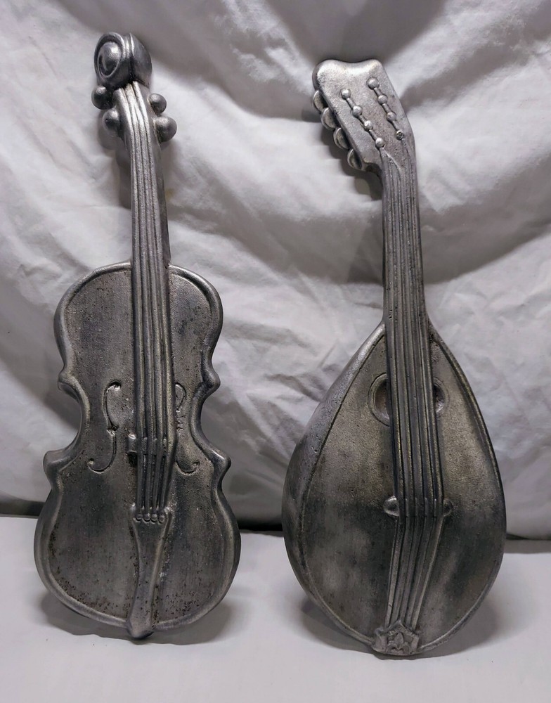 Vintage 1960s Royal Cast Metal Bass Guitar and Mandolin Wall Hangings Art