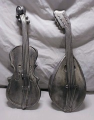 Vintage 1960s Royal Cast Metal Bass Guitar and Mandolin Wall Hangings Art