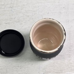 Handmade Pottery Travel Mug Cup With Lid Gray Black Drip Glaze Signed Art EUC