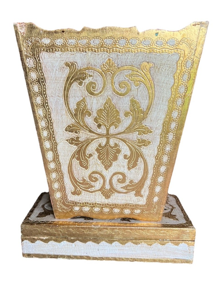 Vintage 1940s Italian Florentine Gold Gilt Neoclassical Wastebasket & Tissue Box