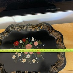 VTG Black Tole Toleware Painted Tray Scalloped Floral Cottage Goth Boho 20″x25″