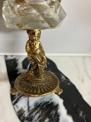 Miniature Dish Vintage Art Nouveau Deco Cut Crystal Glass, Brass & Tweezers 3.1″