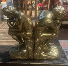 Vtg Rodin Thinker Cast Metal Bronze Finish Bookends Marble Base Art Deco Heavy