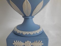 1968 Wedgwood Blue Jasperware Erato & Urania 11.5″ Tall Urn w/ chip underneath