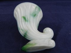 AKRO-AGATE #765 CORNUCOPIA TOOTHPICK HOLDER GREEN/WHITE SLAG GLASS, SET OF 2