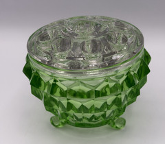 Vintage Green Uranium Glass Diamond Point Footed Dish w Clear Flower Frog Insert
