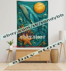 Whale Moon Ocean Relief Tapestry 3D look Wall Art coastal decor 39X59 in