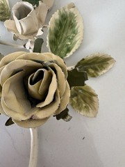 Vintage Toleware Metal Wall Hook W/Cream Roses & Green Leaves Cottagecore 7.5”