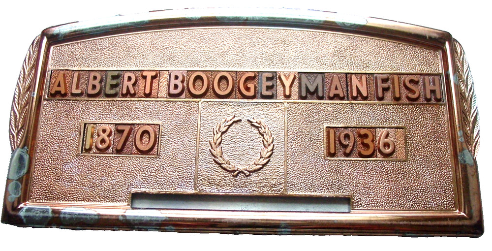 Vintage Halloween Grave Marker Funeral Home Plaque Albert “The Boogeyman” Fish