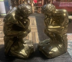 Vtg Rodin Thinker Cast Metal Bronze Finish Bookends Marble Base Art Deco Heavy