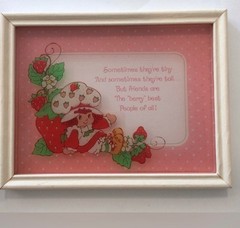 Set 4 Vintage Strawberry Shortcake Reverse Painted Glass Pictures 1980 ORIGINALS