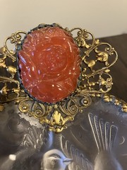French Ormolu Dish~Frosted Glass Birds And Gilt Brass Trimmed With Carved Cameo.
