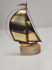 Metal Brass Sailboat Sculpture on Quartz Base Signed DeMott 9.5 in Nautical