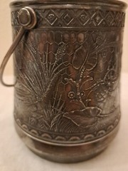 Rare 525 White Metal Container With Handle Detailed Design 4.5” Tall w/o Handle