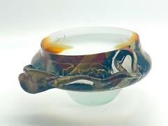 Art Glass Bowl Modernist Organic Brutalist Frosted Hand Painted Leaf And Vine
