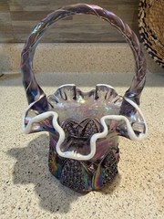 Vintage 1990’s Fenton Glass Basket 7” Tall Purple Iridescent Ruffled White Edge