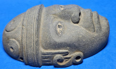 PRE COLUMBIAN AZTEC STONE DIGNATARY PENDANT MASK W BONE INCRUSTATIONS