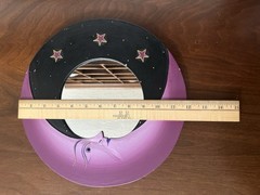 1990s Celestial Crescent Moon & Stars 12” Round Handpainted Wooden Mirror purple