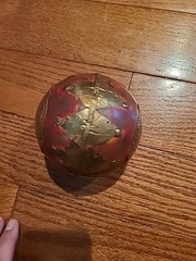 (2) Vintage Decorative Balls Brown Wood Sphere Embossing Brass Metal Inlay