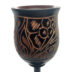 VTG Black Hand Carved Floral Stemmed Wood Goblet 7in