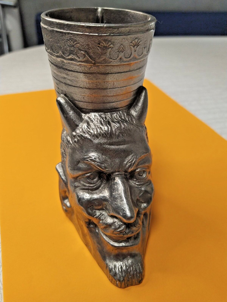 Vintage Devil Mephistopheles Metal Pencil Holder Cup Heavy Cast Metal Desk Decor