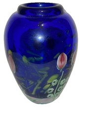 Cobalt Blue Art Glass Vase Flowers Heavy Arthur Kusak Millefiori Nice