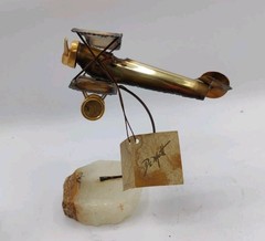 Vintage MCM Demott BiPlane Golden Metal Stone Base Art Decor Signed